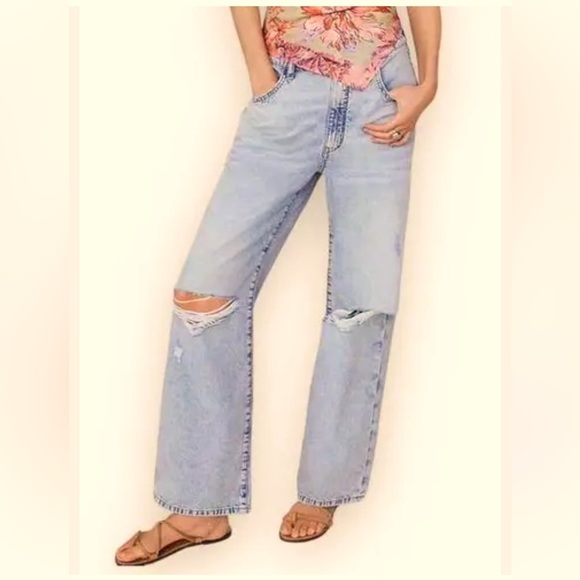 Pilcro Anthropologie Slim Straight Jeans 25P Light Wash Distressed Wide Leg - Picture 1 of 6